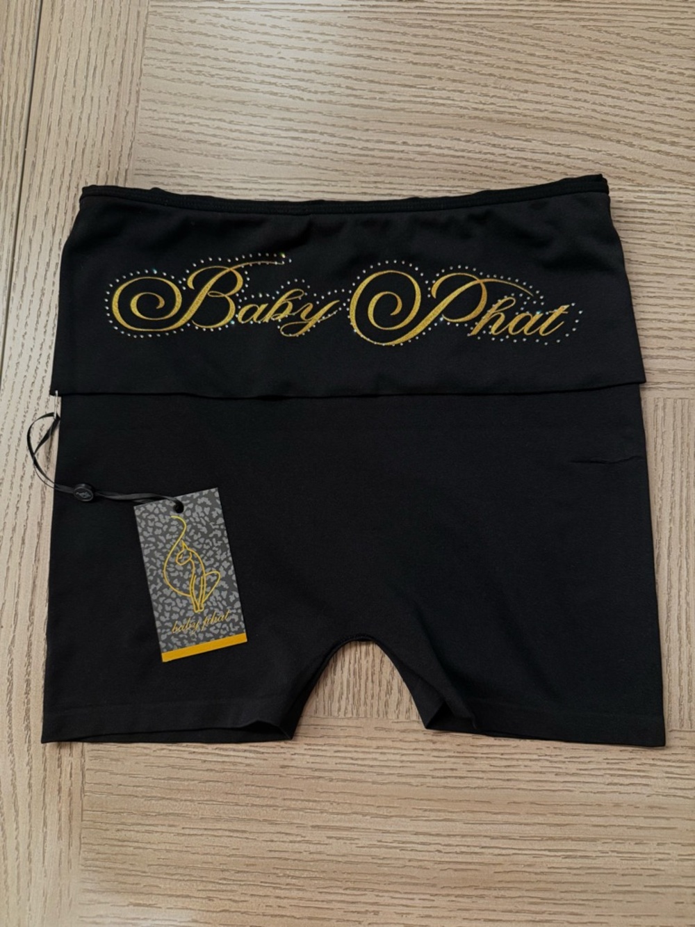 Baby Phat Black Fold-Over Waist Bike Shorts with Gold Logo